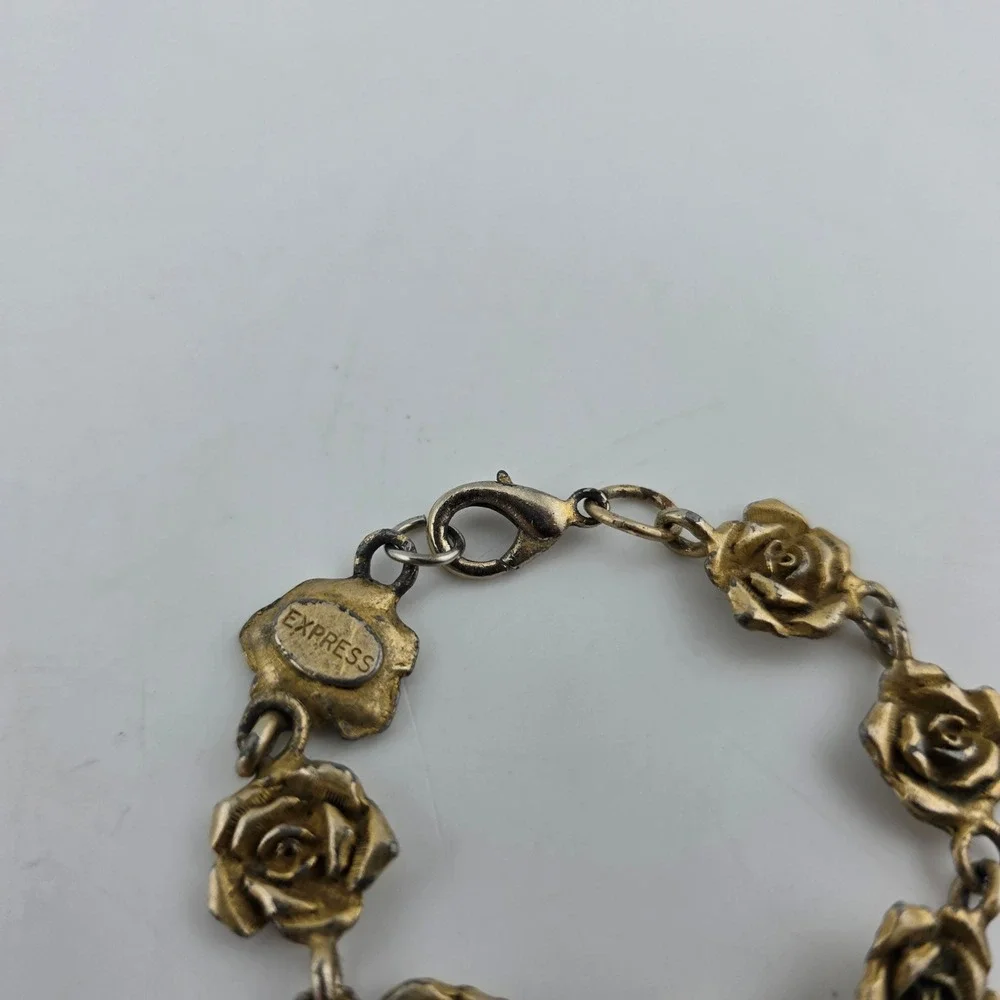 Express Rose Floral Link Kids Bracelet Antique Style Gold Tone FAIR Cottagecore